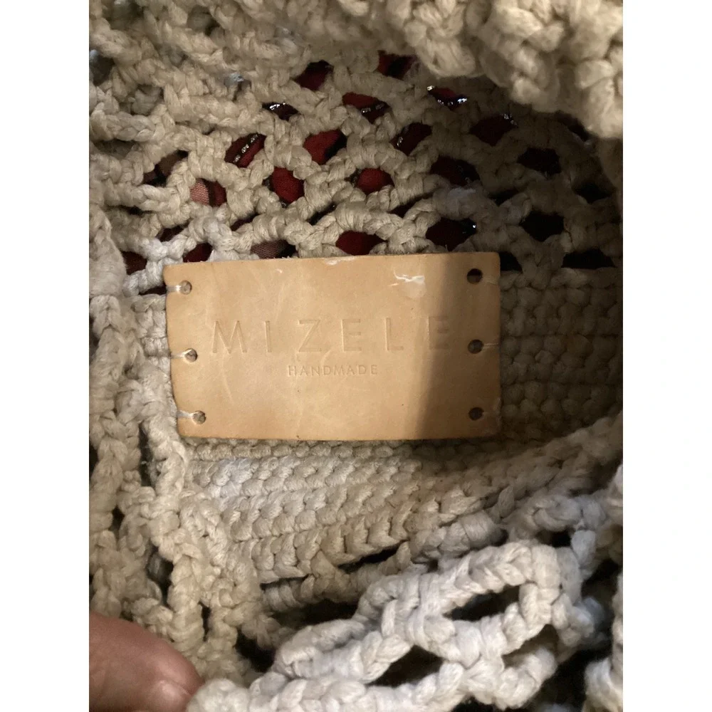 Mizele‎ Crochet Tote Bag Cream Handmade Boho Net Top Handle Bag
